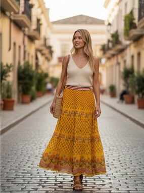 Tanvi Kedia Maxi Skirt Size 0 Yellow Floral Bohemian Boho Anthropologie